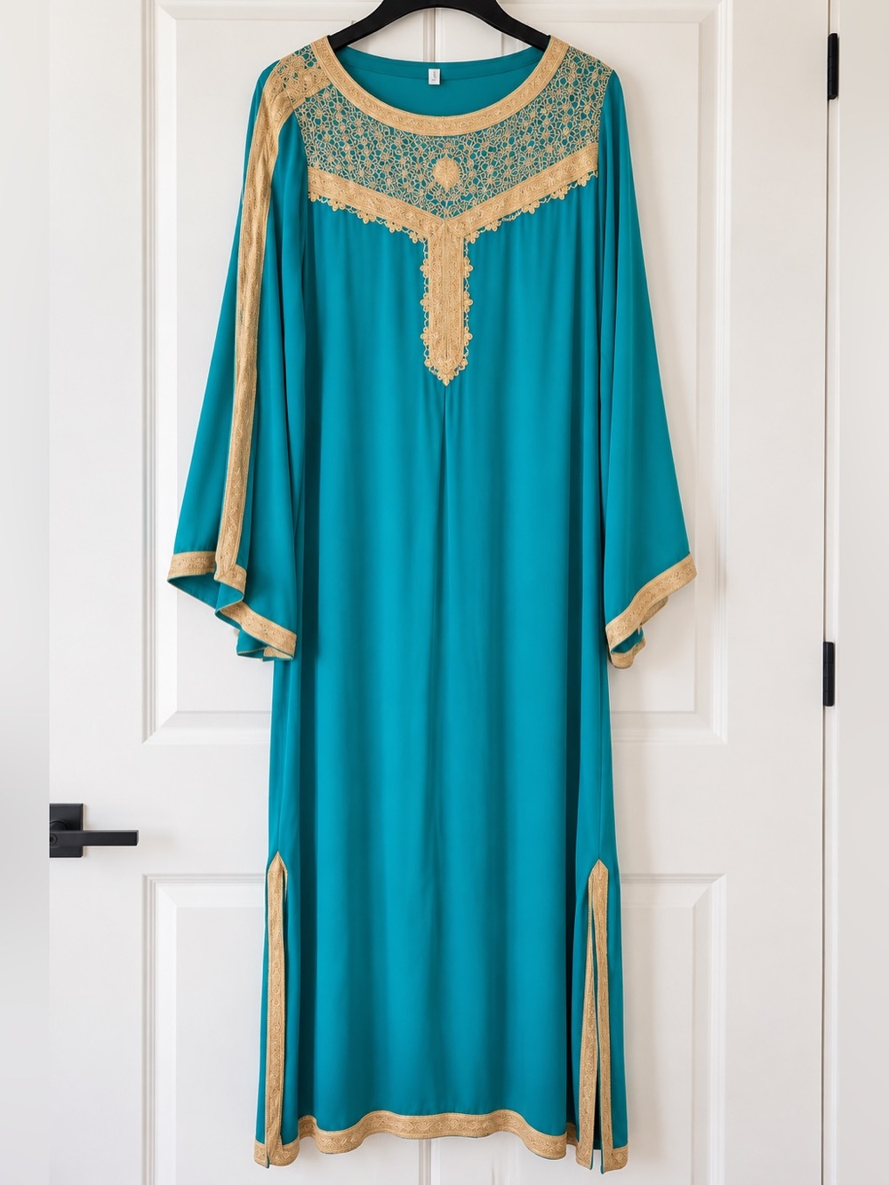 Teal Embroidered Caftan Dress with Gold Trim